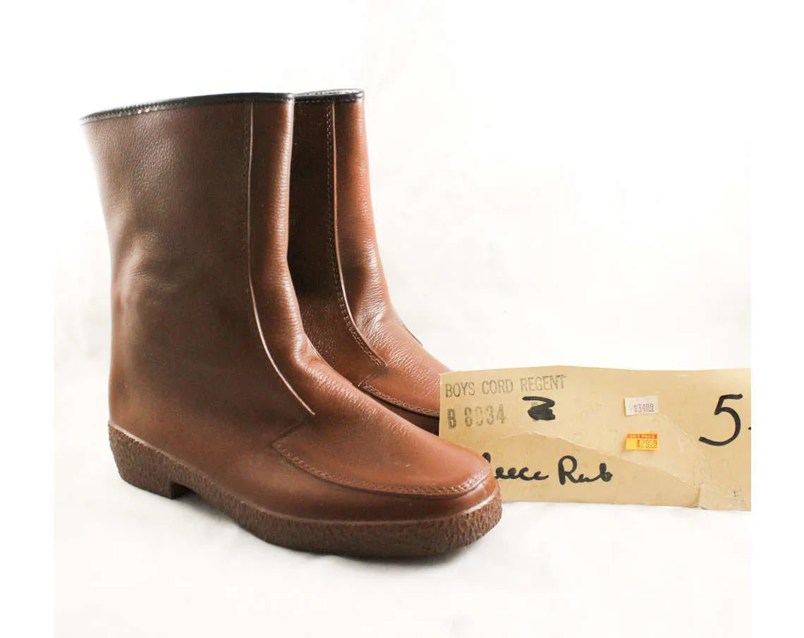 Boys Brown Galoshes - Big Boy's Size 5 - Authentic 1960s Boot - Child's 60s Rain Boots - Waterproof Rubber Tall Shoes - NOS Deadstock