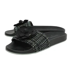 Chanel Black Tweed Grosgrain Camellia Mules 42