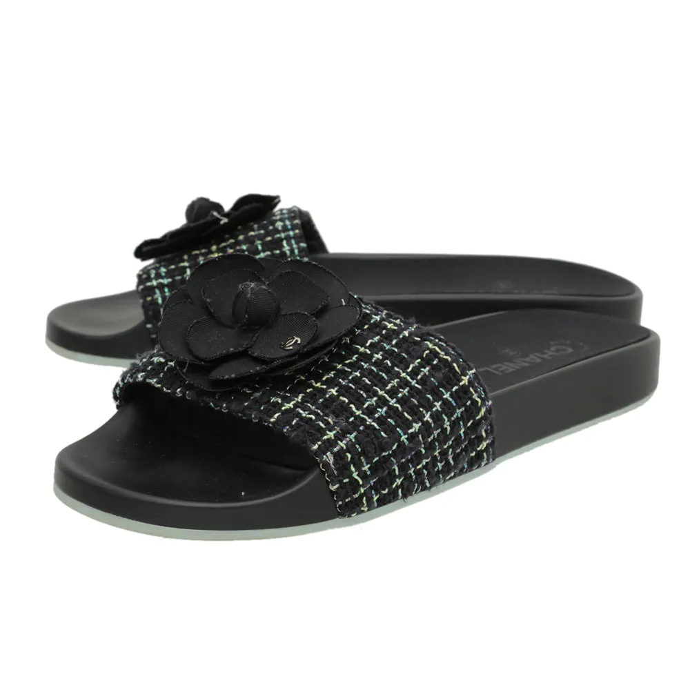 Chanel Black Tweed Grosgrain Camellia Mules 42