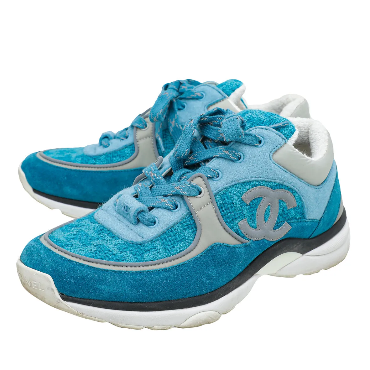 Chanel Blue CC Tweed Suede Nylon Sneakers 38