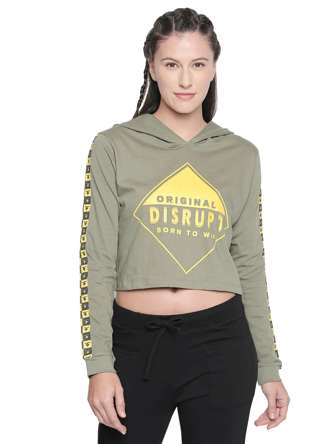 Disrupt Light Olive Full Sleeve Cotton Hoodie Tshirt
