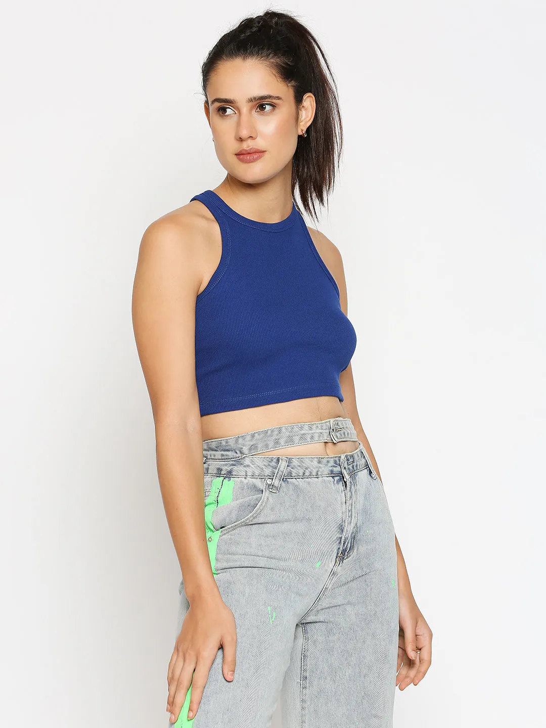 Disrupt Women Sleeveless Royal Blue Ribbed Crop Top