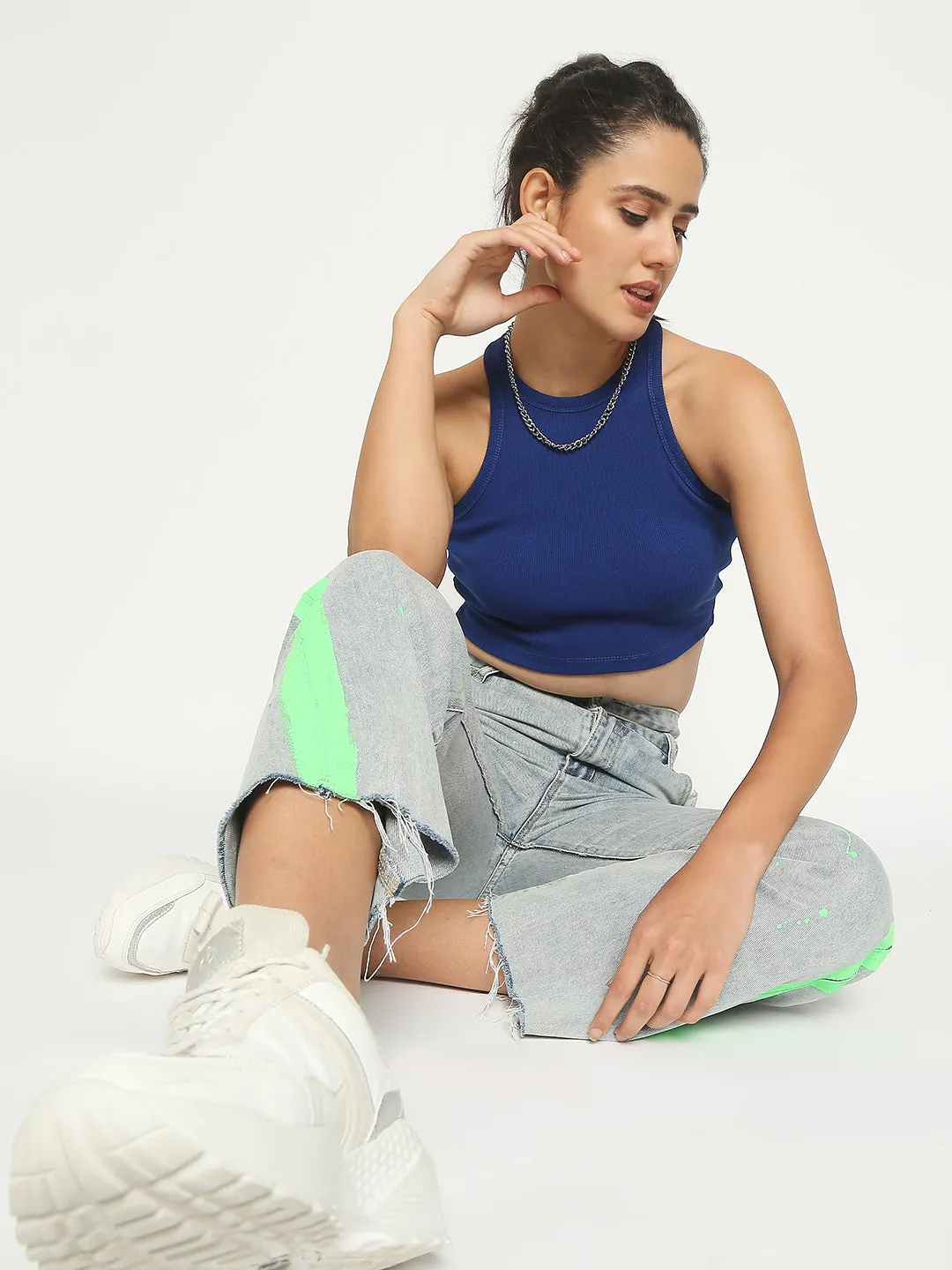 Disrupt Women Sleeveless Royal Blue Ribbed Crop Top