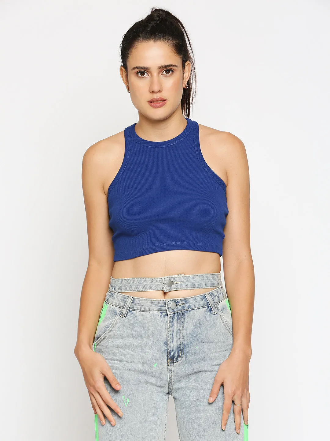 Disrupt Women Sleeveless Royal Blue Ribbed Crop Top