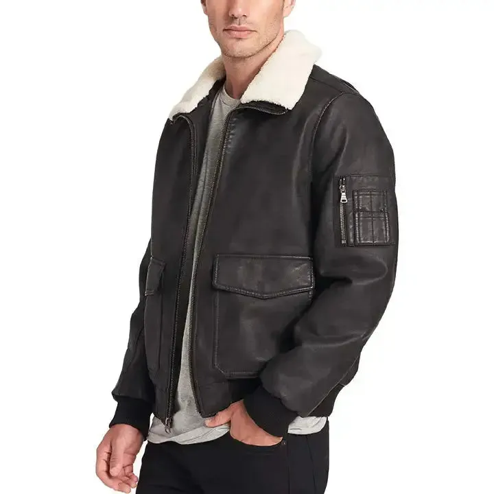 Men's Leather Sherpa Collar Aviator Bomber Jacket – Warm & Stylish