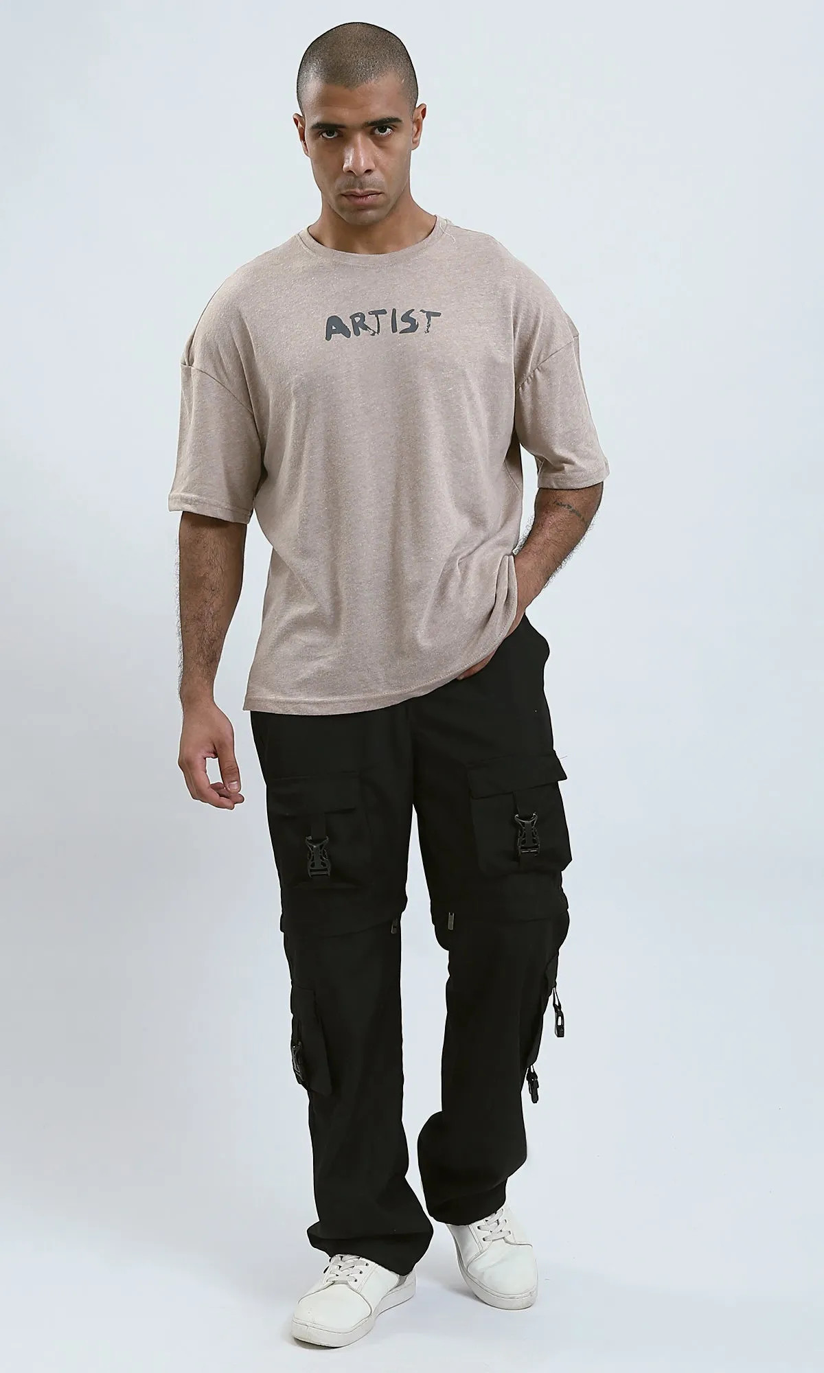 O188737 - Elbow-Sleeves Printed "Artist" Pastel Beige Tee