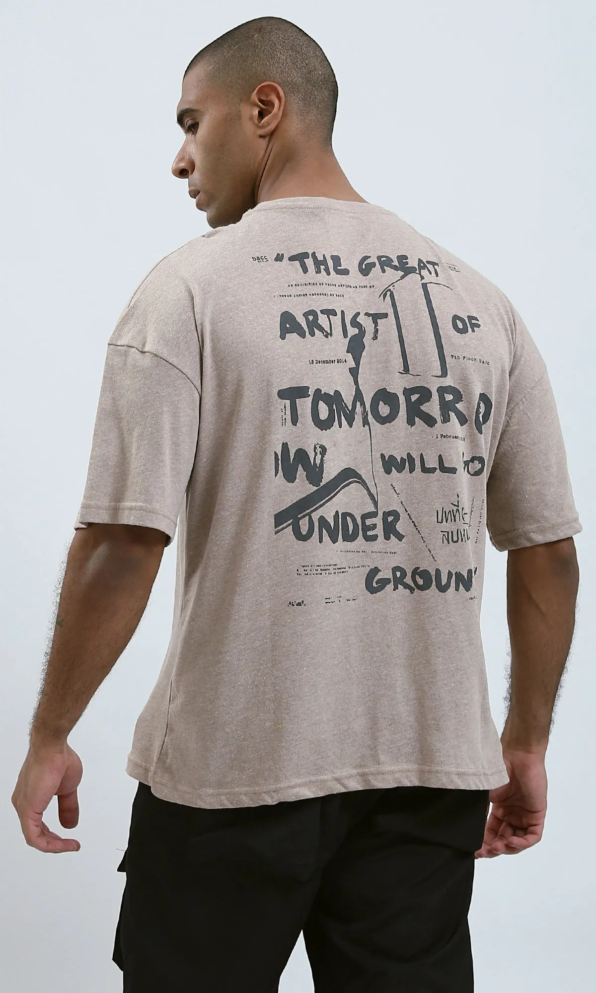 O188737 - Elbow-Sleeves Printed "Artist" Pastel Beige Tee