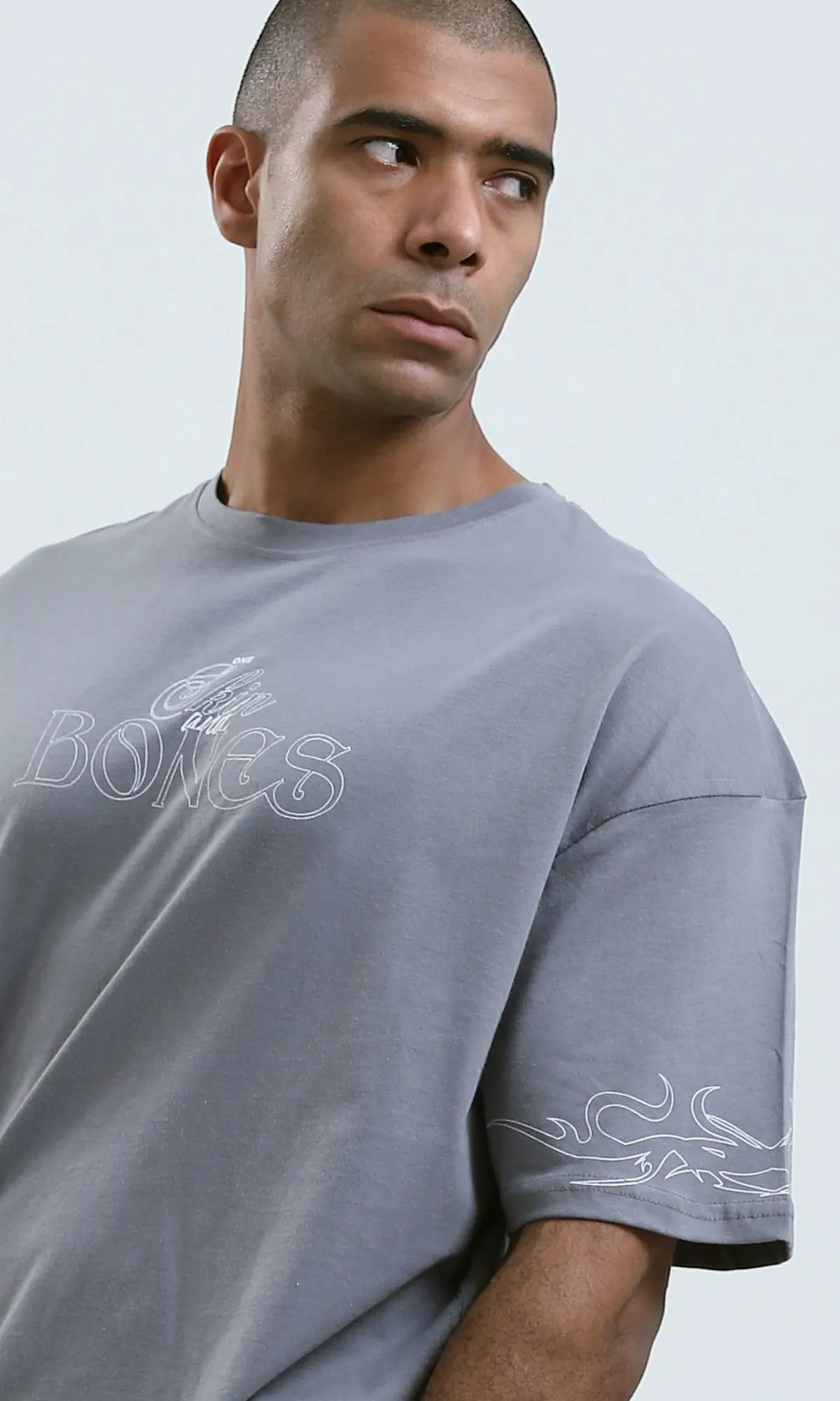 O188744 - Grey Slip On Printed Tee with Round Neck