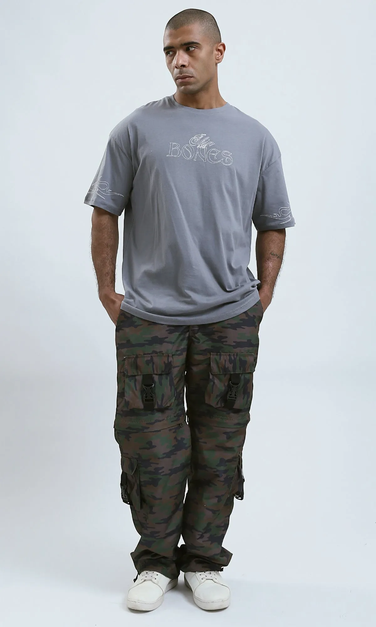 O188744 - Grey Slip On Printed Tee with Round Neck