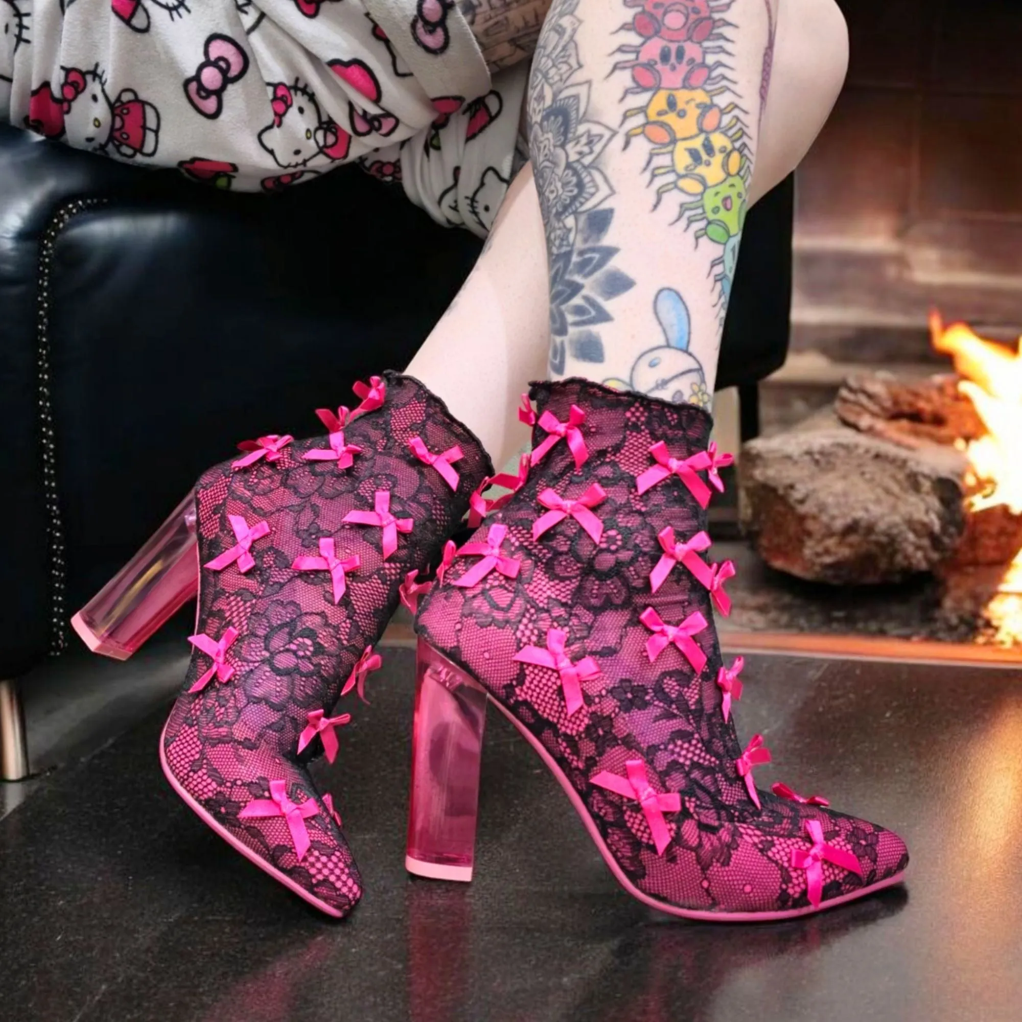 Rubina Portrait Mode Booties W/ Transparent Heel & Bow Accents