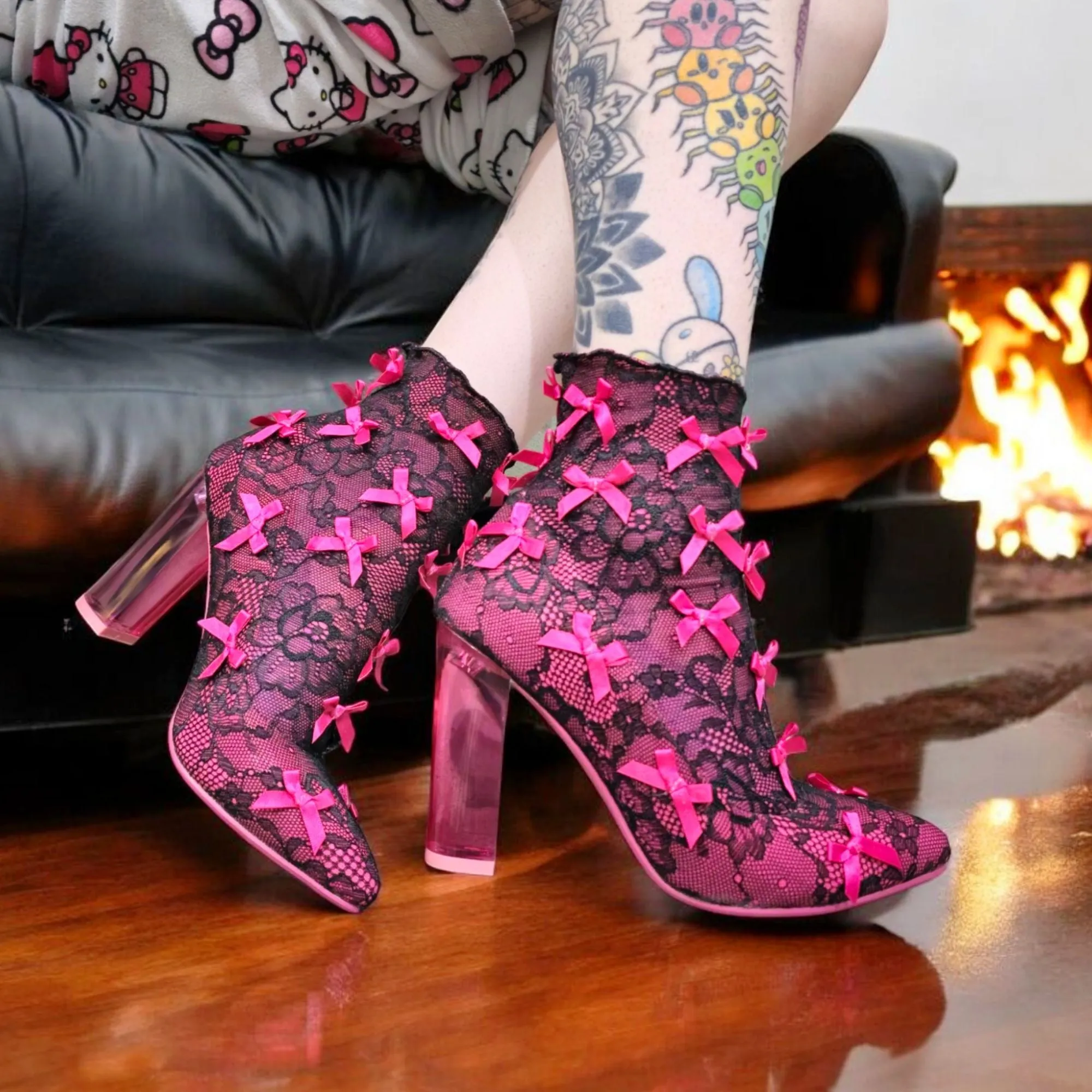 Rubina Portrait Mode Booties W/ Transparent Heel & Bow Accents
