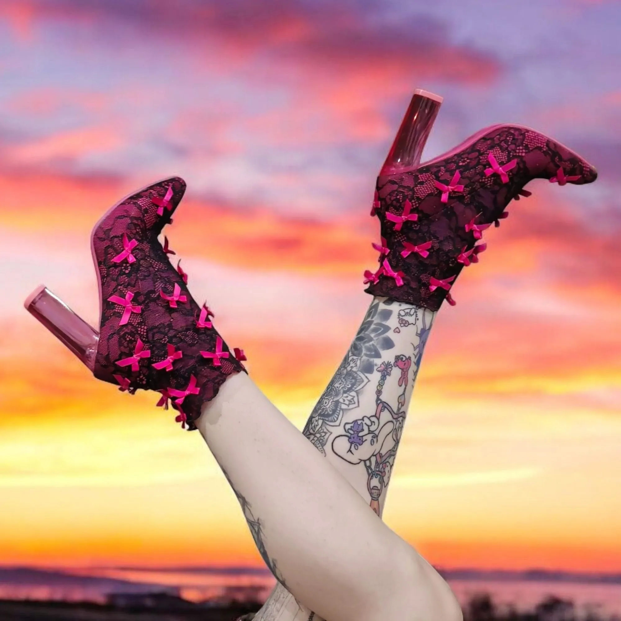 Rubina Portrait Mode Booties W/ Transparent Heel & Bow Accents