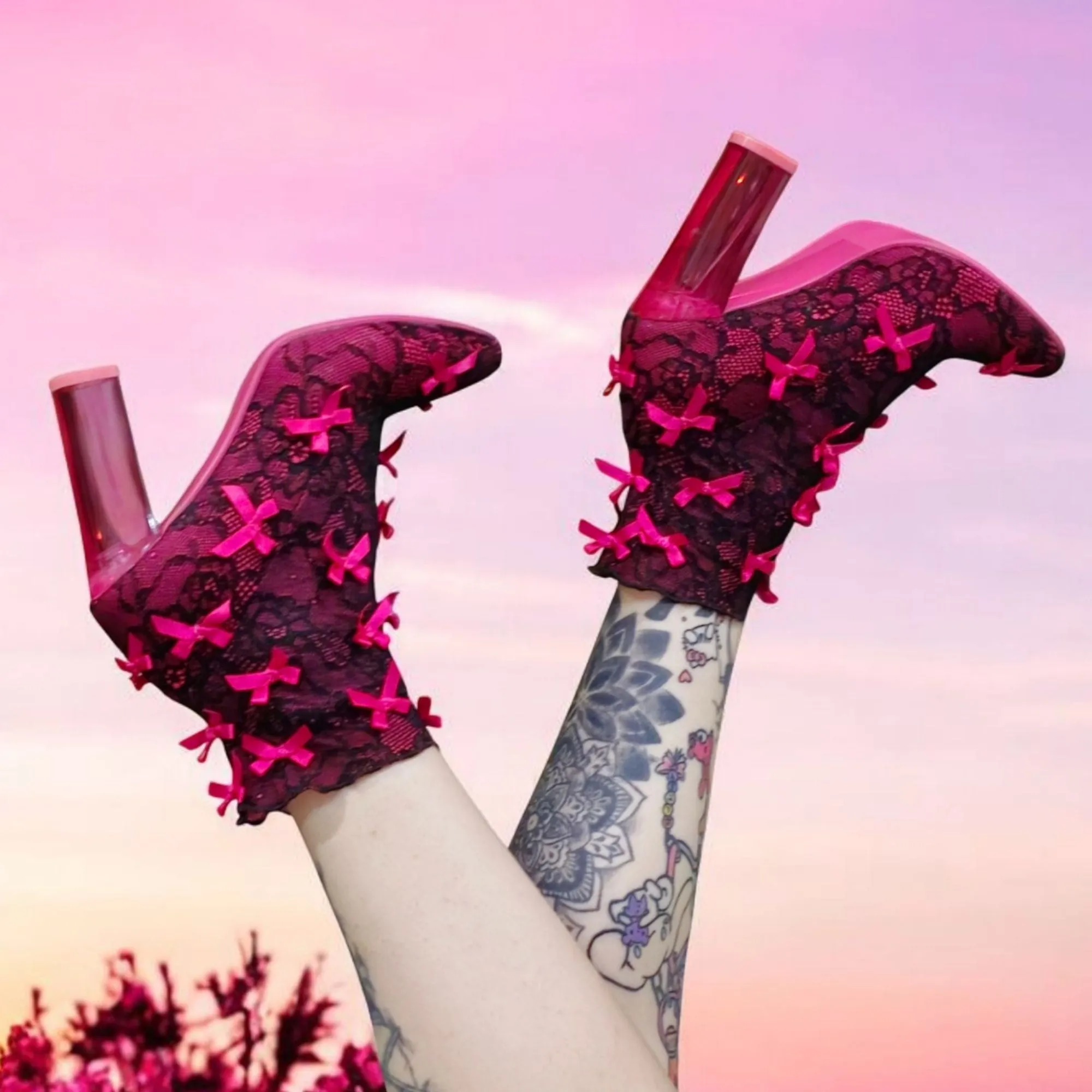 Rubina Portrait Mode Booties W/ Transparent Heel & Bow Accents