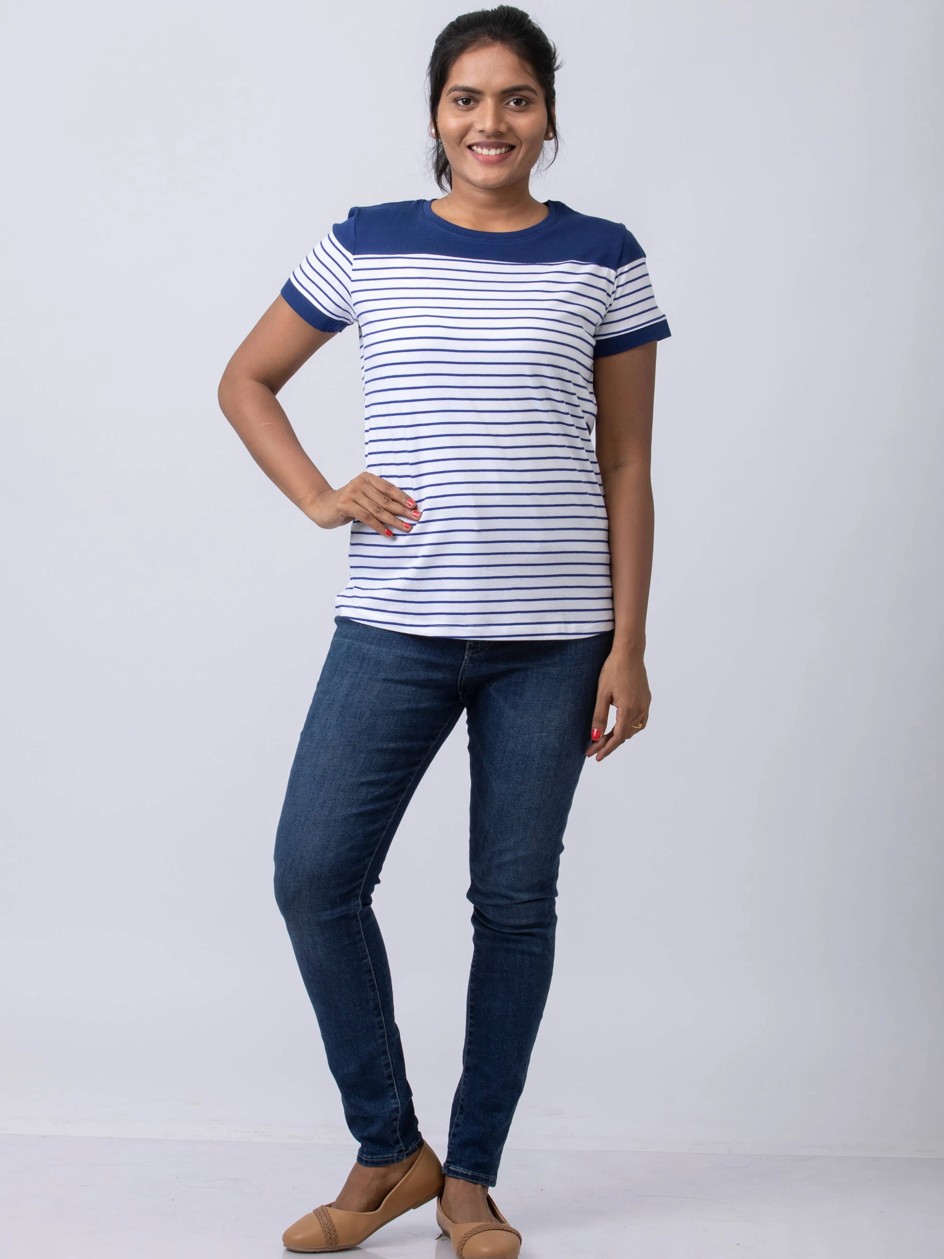Soft & Premium Women's Printed Cotton T-Shirt - White/Navy
