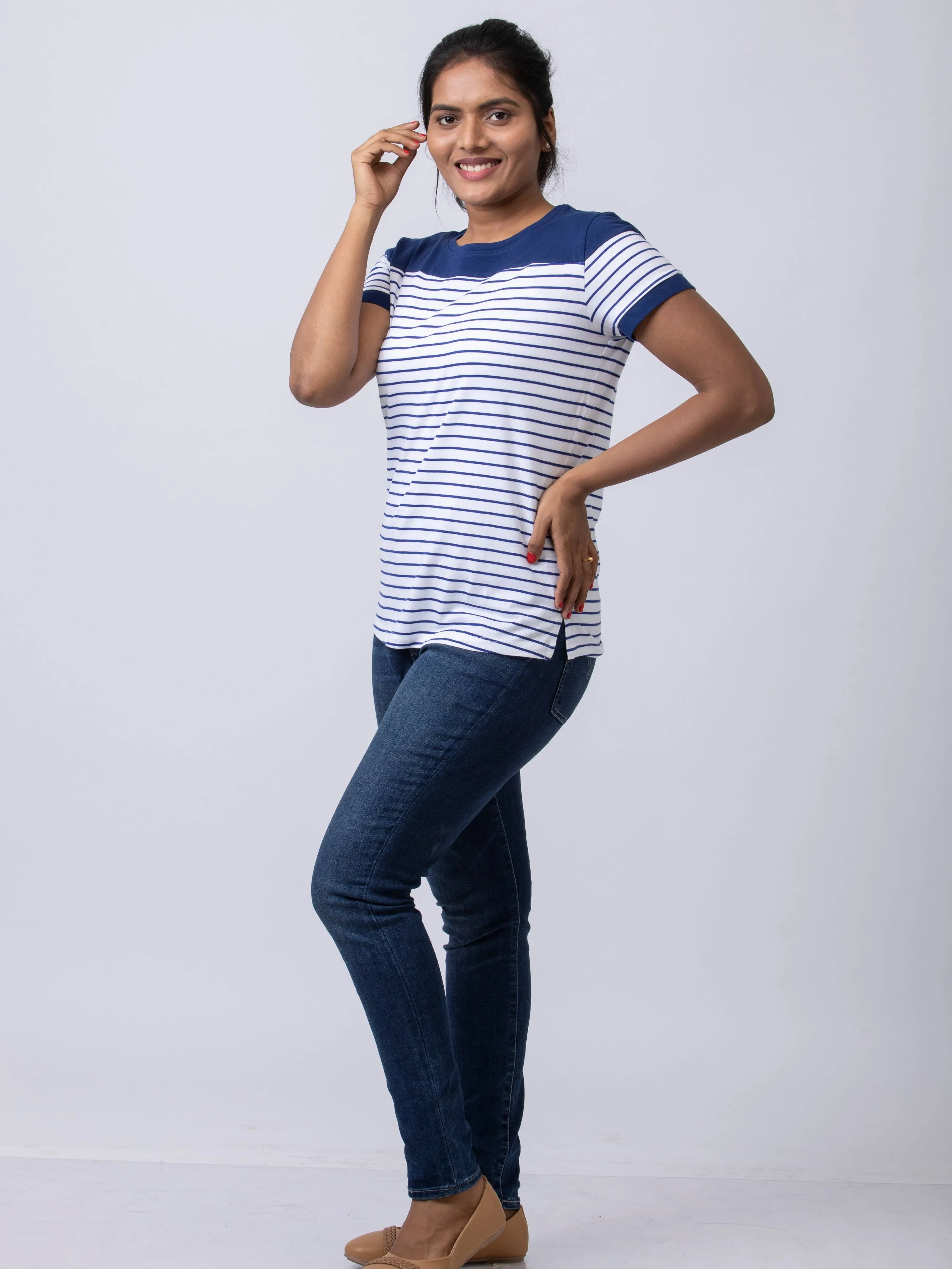 Soft & Premium Women's Printed Cotton T-Shirt - White/Navy