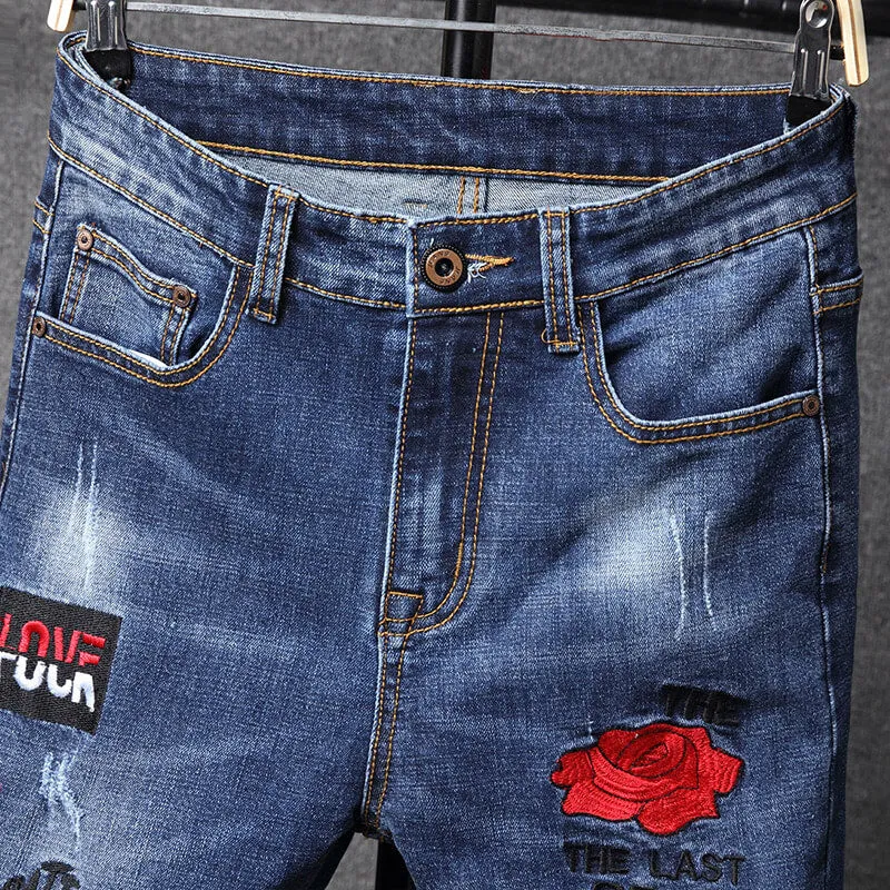 Stylish Straight Pants With Embroidery Mid Waist Men's Jeans