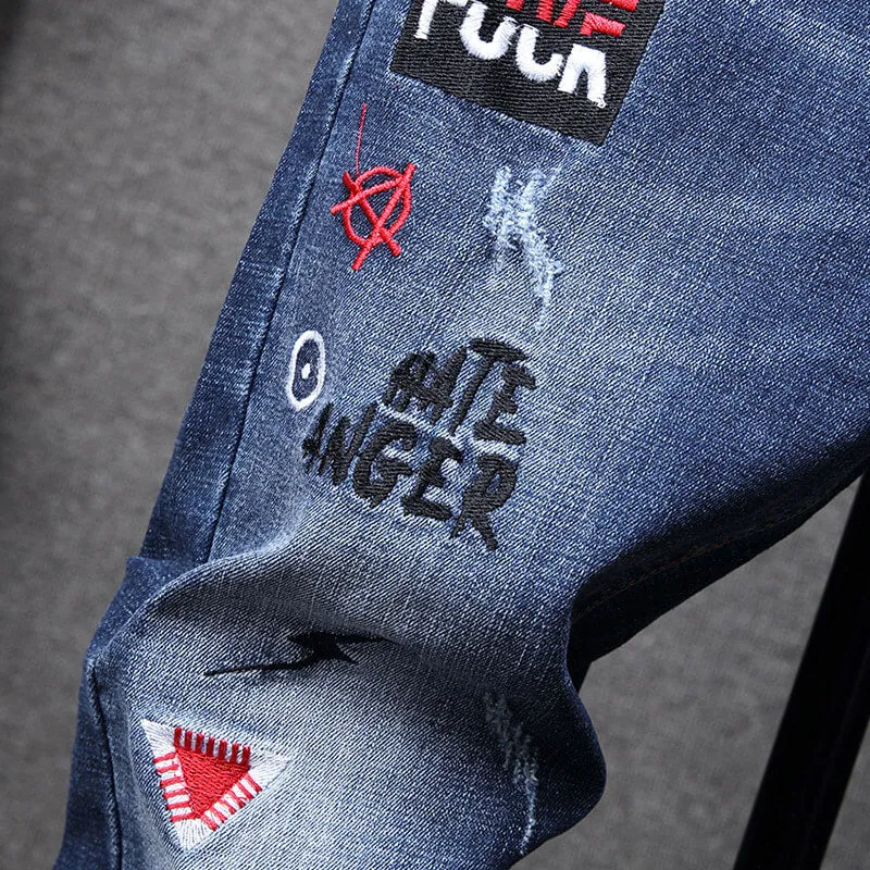 Stylish Straight Pants With Embroidery Mid Waist Men's Jeans
