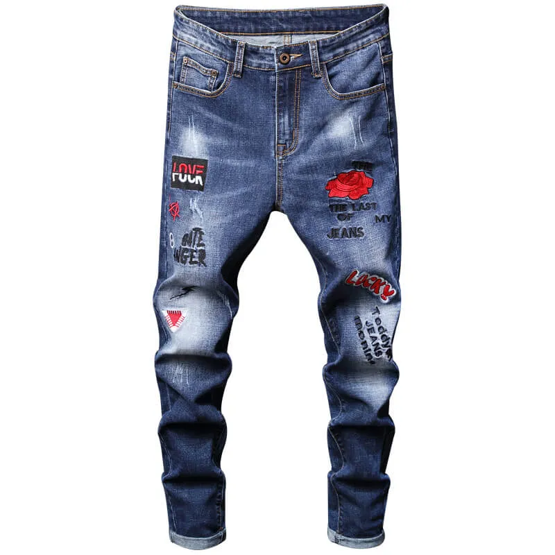 Stylish Straight Pants With Embroidery Mid Waist Men's Jeans